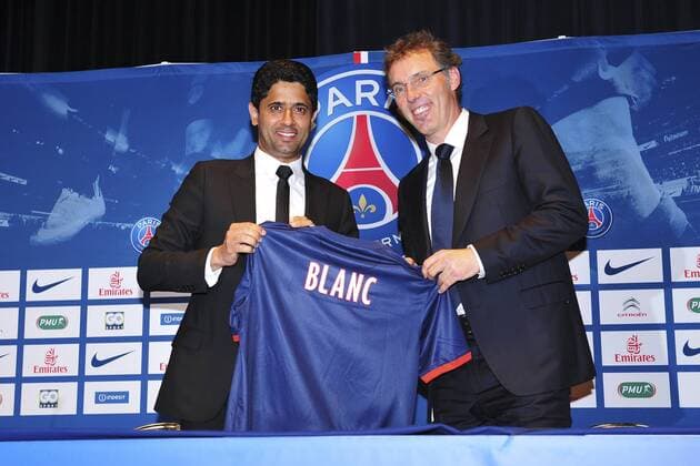 Nasser Al Khelaifi - president du PSG Laurent Blanc - entraineur FOOTBALL : presentation de Laurent Blanc - new coach of du PSG - 27 06 2013 JBAutissier Panoramic 