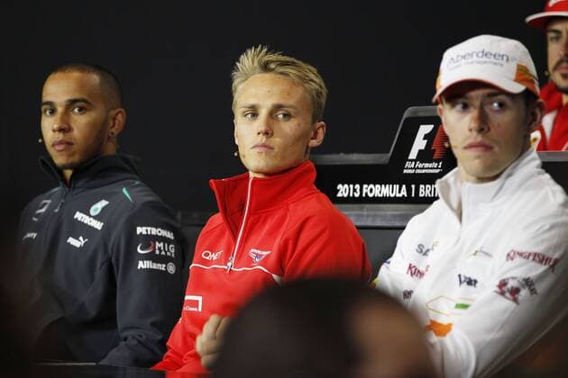 Motorsports: FIA Formula One World Championship 2013, Grand Prix of Great Britain, 10 Lewis Hamilton (GBR, Mercedes AMG Petronas F1 Team), 23 Max Chilton (GBR, Marussia F1 Team), 14 Paul di Resta (GBR, Sahara Force India F1 Team), xHOCHxZWEIx
