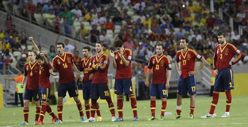 Semifinal of Confederations Cup between Spain and Italy. In this picture, Spanish players during the penalties, (L-R) Andres Iniesta, Jordi Alba, Sergio Busquets, Jesus Navas, Sergio Ramos, Javi Martinez, Juan Mata, Alvaro Arbeloa und Gerard Pique . xPABLOGARCIAx 