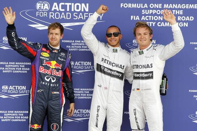 Motorsports: FIA Formula One World Championship 2013, Grand Prix of Great Britain, 1 Sebastian Vettel (GER, Infiniti Red Bull Racing), 10 Lewis Hamilton (GBR, Mercedes AMG Petronas F1 Team), 9 Nico Rosberg (GER, Mercedes AMG Petronas F1 Team), xHOCHxZWEIx