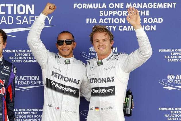 Motorsports: FIA Formula One World Championship 2013, Grand Prix of Great Britain, 10 Lewis Hamilton (GBR, Mercedes AMG Petronas F1 Team), 9 Nico Rosberg (GER, Mercedes AMG Petronas F1 Team), xHOCHxZWEIx