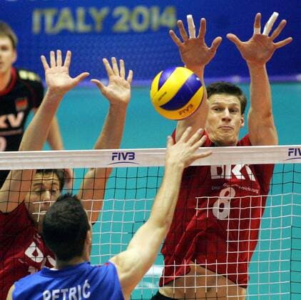 29.06.2013 Belgrade(Serbia) Serbia-Germany FIVB Men s Volleyball World League Marcus Böhme(r) and Jochen Schöps(L) Germany stoped Nemanja Petric(c) Serbia : 