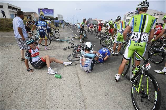 BASTIA, FRANCE - JUNE 29: Tony Martin (Germany Team Omega Pharma - Quickstep) and Murilo Antonio Fischer (Brasilia Team FdJ - Uvex) crashed Tour de France 2013 - Etape 1 - Porto Vecchio Bastia - 29 06 2013 Photonews Panoramic 