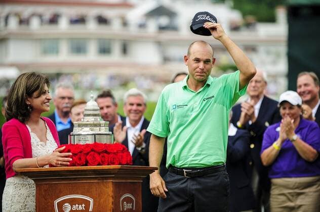 June 30, 2013 - Bethesda, MD, USA - Tournament winner Bill Haas during the trophy ceremony of the AT&T National at Congressional Country Club in Bethesda, Maryland, Sunday, June 30, 2013. AT&T National - ZUMAm67