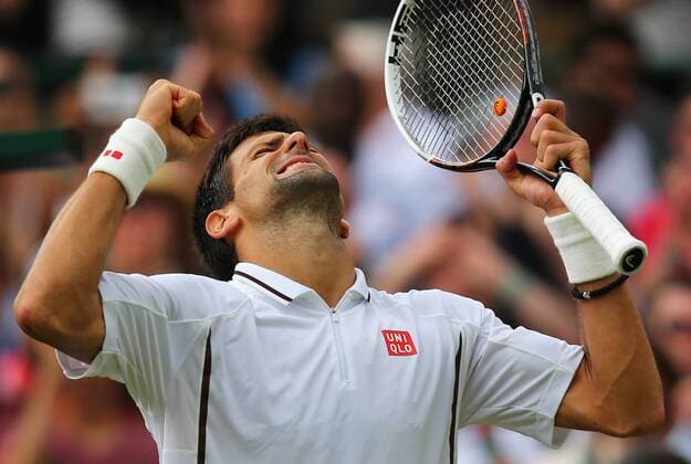 (130703) -- LONDON, July 3, 2013 (Xinhua) -- Novak Djokovic of Serbia celebrates victory after the quarterfinal of men s singles on day 9 of the Wimbledon Lawn Tennis Championships at the All England Lawn Tennis and Croquet Club in London, Britain, on July 3, 2013. (Xinhua Yin Gang) (jyc) (SP)BRITAIN-LONDON-TENNIS-WIMBLEDON-DAY 9 