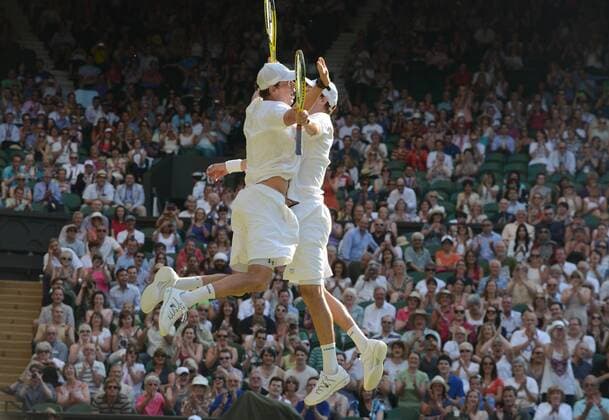 Tennis - 2013 Wimbledon Championships - Mens Doubles Final Centre Court Melo Bob Bryan and Mike Bryan celebrate at match point 