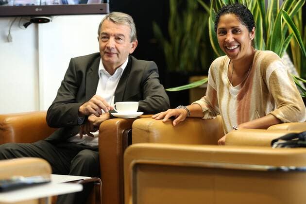 FRANKFURT AM MAIN, GERMANY - JULY 07: DFB President Wolfgang Niersbach (L) and Steffi Jones (R) attend the Germany women s national team departure to Sweden at Frankfurt Airport on July 7, 2013 in Frankfurt am Main, Germany. Local Caption Wolfgang Niersbach; Steffi Jones