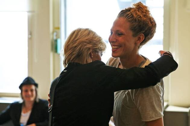 FRANKFURT AM MAIN, GERMANY - JULY 07: Head coach Silvia Neid (L) hug Kim Kulig (R) during the Germany women s national team departure to Sweden at Frankfurt Airport on July 7, 2013 in Frankfurt am Main, Germany. Local Caption Kim Kulig; Silvia Neid