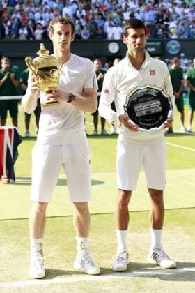 TENNIS - ATP, Wimbledon 2013 LONDON,ENGLAND,07.JUL.13 - TENNIS - ATP Tennis Herren World Tour, Wimbledon 2013, Grand Slam, Finale, Siegerehrung. Bild zeigt Andy Murray (GBR) und Novak Djokovic (SRB). Keyword: Pokal. 