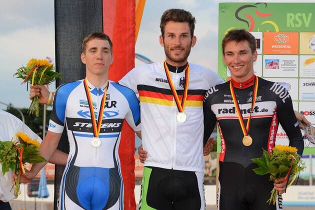 Deutsche Bahnrad-Meisterschaft 2013,Oberhausen-Rheinhausen 3000 m Einerverfolgung Elite Männer, Mitte: 1,Deutscher Meister Stefan Schäfer, Team NSP-GHOST, Links: 2.Deutscher Meister Maximilian Beyer, SC Berlin Rechts: 3. Deutscher Meister Lukas Liss, rad-net ROSE Team - ksp
