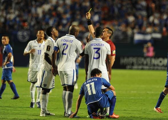 July 12, 2013: Honduras Jose Velanquez Colon (5) gets a yellow warning card during the Honduras v Salvador in the CONCACAF Gold Cup Game at Sun Life Stadium in Miami Gardens, Florida. SOCCER: JUL 12 CONCACAF Gold Cup - Honduras v El Salvador Icon130712007 EDITORIAL USE ONLY