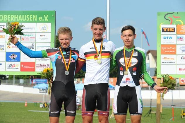 Deutsche Bahnrad-Meisterschaft 2013,10.-14.07.2013,Oberhausen-Rheinhausen Punktefahren Jugend U 19, Mitte: 1.Deutscher Meister, Punktefahren U17, Junioren, Julian Witt, SC Berlin Links : 2.Deutscher Meister Marcel Franz RSC Cottbus, Rechts: 3.Deutscher Meister, Manuel Porzner, RSG Ansbach, - ksp