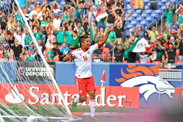 Miguel Angel Ponce of Mexico celebrates his goal during the Gold Cup 2013 soccer match between Martinique and Mexico in Denver, Colorado, the United States, on July 14, 2013. (Xinhua Alfredo Lopez Jam Media) (rt) (SP) 