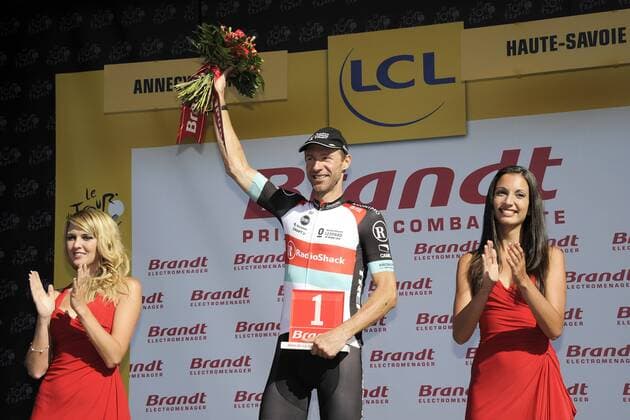 Jens VOIGT ( GER RadioShack - Leopard ) angriffslustigster Fahrer des Tages gefeuert - - Podium - Jubel - Freude - Emotionen - Aktion - quer - Event: Tour de France - Frankreich Rundfahrt 2013 - 20.Etappe: Annecy nach Annecy Semnoz 125.0 km - Location: Frankreich - Europa - Datum: 20.07.2013