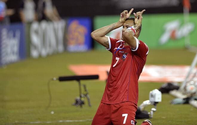 ATLANTA, July 20, 2013 - Blas Perez of Panama celebrates his goal during the Gold Cup 2013 quarterfinals match against Cuba in the Georgia Dome Stadium in Atlanta, the United States, on July 20, 2013. (Xinhua Alfredo Lopez Jam Media) (rt) (SP)US-ATLANTA-SOCCER-GOLD CUP-PANAMA VS CUBA 