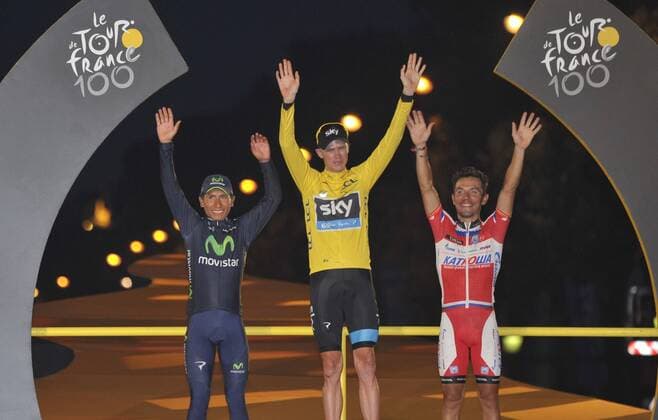 Podium QUINTANA Nairo (COL) of MOVISTAR TEAM - FROOME Christopher (GBR) of SKY PROCYCLING - RODRIGUEZ Joaquim (ESP) of KATUSHA TEAM - Tour de France - Etappe 21 -Versailles Paris Champs Elysees - 21 07 2013 PhotoNews 