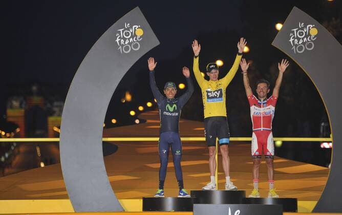 Podium QUINTANA Nairo (COL) of MOVISTAR TEAM - FROOME Christopher (GBR) of SKY PROCYCLING - RODRIGUEZ Joaquim (ESP) of KATUSHA TEAM - Tour de France - Etappe 21 -Versailles Paris Champs Elysees - 21 07 2013 PhotoNews 