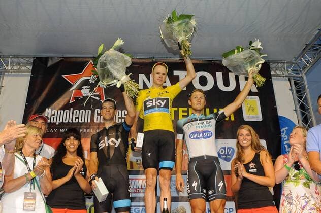 PODIUM : Richie Porte et Christopher Froome (GBR) - Sky et Matteo Trentin - Quickstep Omega Pharma Lotto CYCLING : Criterium apres le Tour de France - Aalst - 22 07 2013 PhotoNews Panoramic 
