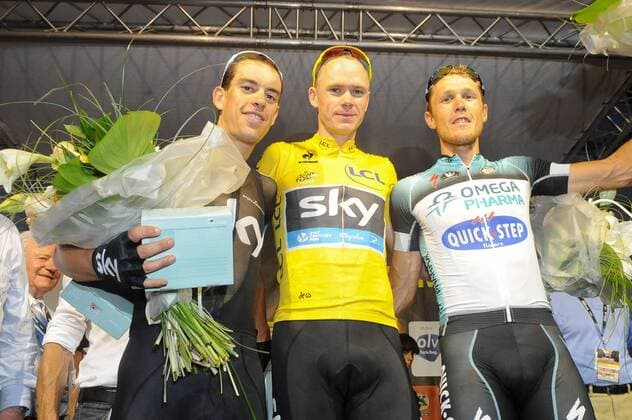 PODIUM : Richie Porte et Christopher Froome (GBR) - Sky et Matteo Trentin - Quickstep Omega Pharma Lotto CYCLING : Criterium apres le Tour de France - Aalst - 22 07 2013 PhotoNews Panoramic 