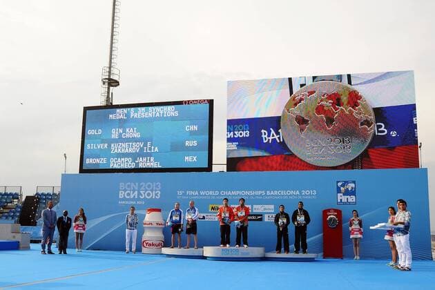 Evgeny Kuznetsov, Ilia Zakharov Russia Silver Medal, Kai Qin, Chong He China Gold Medal, Jahir Ocampo, Rommel Pacheco Mexico Bronze Medal Diving Men s 3m Springboard Synchro Final - 23.07.2013, Barcelona - FINA World Championships 2013 - andreaxstaccioli