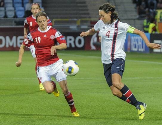Norrköping 2013 07 25 Football UEFA Championship Womans semifinal Norway vs Denmark - Picture shows Mia Brogaard DEN 19 and Ingvild Stensland NOR 4- KPkod 08002 