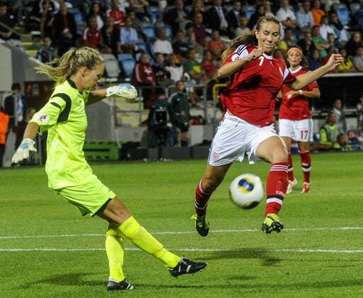 Norway vs Denmark - Picture shows Ingrid Hjelmseth NOR GK and Emma Madsen DEN 7- KPkod 08002 