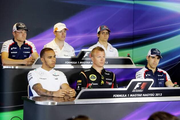 Motorsports: FIA Formula One World Championship 2013, Grand Prix of Hungary, 10 Lewis Hamilton (GBR, Mercedes AMG Petronas F1 Team), 7 Kimi Raikkonen (FIN, Lotus F1 Team), 16 Pastor Maldonado (VEN, Williams F1 Team), 17 Valtteri Bottas (FIN, Williams F1 Team), 14 Paul di Resta (GBR, Sahara Force India F1 Team), 12 Esteban Gutierrez (MEX, Sauber F1 Team), xHOCHxZWEIx
