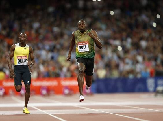 Jamaica s Usain Bolt winning the Mens 100m SainsburyâÄ?s Anniversary Games - The Queen Elizabeth Olympic Park - London - England -26 07 2013 - Pic David Klein Sportimage EDITORIAL USE ONLY. No use with unauthorised audio, video, data, fixture lists, club league logos or live services. Online in-match use limited to 120 images, no video emulation. No use in betting, games or single club league player publications.