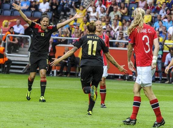 Stockholm 2013 07 28 Football UEFA Championship Womans final Norway vs Germany - Picture shows Anja Mittag GER 11 scores the only goal of the match - with Celia Okoyino Da Mbabi GER 13 and Marit Christiansen NOR 3 - KPkod 08002 