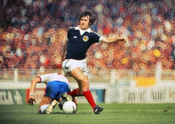 Football - 1977 British Home Championship - England 1 Scotland 2 Scotland s Bruce Rioch evades an English tackle at Wembley. Scotland s victory ensured the won the championship for the second consecutive year. 04 06 1977 