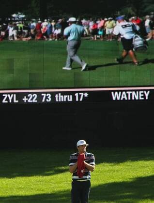 Aug. 3, 2013 - Akron, OH, USA - Keegan Bradley waits to hit his next shot on the 16th hole in front of a large TV screen during the third round of the WGC-Bridgestone Invitational at Firestone Country Club in Akron, Ohio, on Saturday, August 3, 2013. WGC-Bridgestone Invitational - ZUMAm67