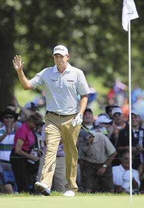Aug. 3, 2013 - Akron, OH, USA - Bill Haas chips in from the rough to save par on the 7th hole during the third round of the WGC-Bridgestone Invitational at Firestone Country Club in Akron, Ohio, on Saturday, August 3, 2013. WGC-Bridgestone Invitational - ZUMAm67