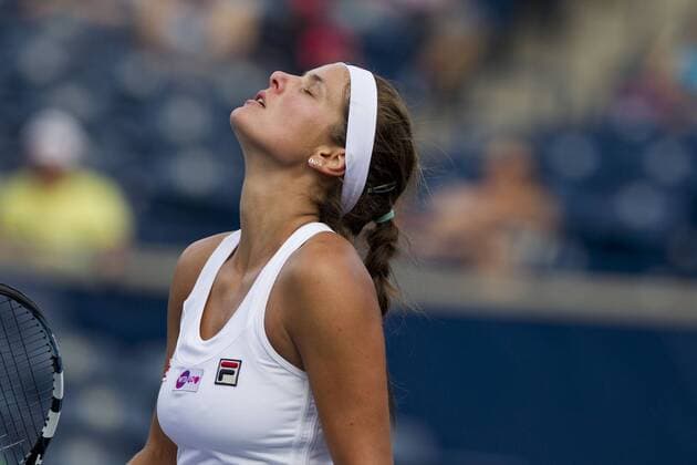 TORONTO, Aug. 5, 2013 - Julia Görges of Germany reacts during the first round of women s singles at the 2013 Rogers Cup in Toronto, Canada, Aug. 5, 2013. (Xinhua Zou Zheng) (SP)CANADA-TORONTO-TENNIS-WTA-ROGERS CUP 