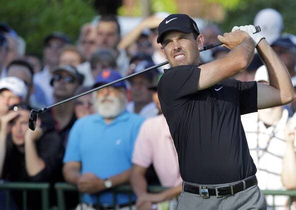 Charl Schwartzel hits his tee shot on hole 10 in the first round of the PGA Golf Herren Championship at Oak Hill Country Club in Rochester, New York on August 8, 2013.  NYP20130808107