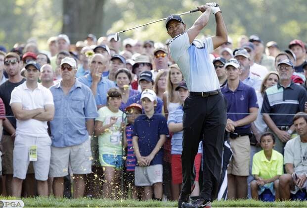 Tiger Woods hits his tee shot on the 11th hole in the first round of the PGA Golf Herren Championship at Oak Hill Country Club in Rochester, New York on August 8, 2013.  NYP20130808121