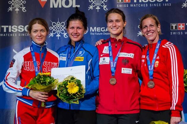 (130809) -- BUDAPEST, Aug. 8, 2013 (Xinhua) -- Gold medalist Julia Beljajeva (2nd L) of Estonia, silver medalist Anna Sivkova (1st L) of Russia, bronze medalists Britta Heidemann (2nd R) of Germany and Emese Szasz of Hungary pose for pictures during the awarding ceremony for the Women s Individual Epee on the fourth day of the 2013 Fencing World Championships in Budapest, Hungary, on Aug. 8, 2013. Julia Beljajeva won 15-14 in the final to claim the title of the event. (Xinhua Attila Volgyi) (SP)HUNGARY-BUDAPEST-FENCING-FENCING WORLD CHAMPIONSHIPS-DAY 4 