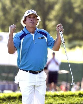 Jason Dufner reacts on the 18th green after the final round of the PGA Golf Herren Championship at Oak Hill Country Club in Rochester, New York on August 11, 2013. Dufner won the 2013 PGA Golf Herren Championship with a score of 10 under par.  NYP20130811133
