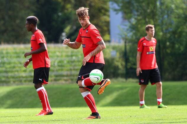 FUSSBALL - AUT vs GRE, Testspiel, Vorberichte, Training SALZBURG,AUSTRIA,12.AUG.13 - FUSSBALL - ÖFB Länderspiel, Österreich vs Griechenland, Freundschaftsspiel, Vorberichte, Training Nationalmannschaft AUT. Bild zeigt Marko Arnautovic und David Alaba (AUT). 