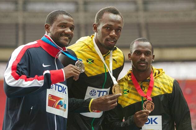 (L-R) Justin Gatlin (USA), Usain Bolt (JAM), Nesta Carter (JAM) during the IAAF World Championships on August 12, 2013 at the Luzhniki Stadium in Moscow, Russia. Moscow 2013 IAAF World Championships 2013 xVIxxIVx 1721554