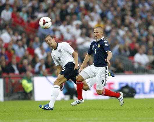 England s Phil Jagielka tussles with Scotland s Kenny Miller England v Scotland - International Friendly - Wembley - London - England -14 08 2013 - Pic DavidxKlein Sportimage EDITORIAL USE ONLY. No use with unauthorised audio, video, data, fixture lists, club league logos or live services. Online in-match use limited to 120 images, no video emulation. No use in betting, games or single club league player publications.