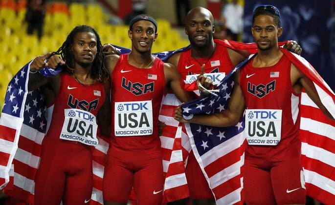 (From L to R) David Verburg, Tony McQuay, LaShawn Merritt and Arman Hall of Team USA celebrate after Men s 4X400m Relay Final in Day 7 of the 14th IAAF World Athletics Championships Moscow 2013 at Luzhniki Stadium in Moscow, Russia on Aug. 16, 2013. Team USA claimed the title with 2:58.71. (Xinhua Wang Lili) (SP)RUSSIA-MOSCOW-ATHLETICS-IAAF WORLD CHAMPIONSHIPS 