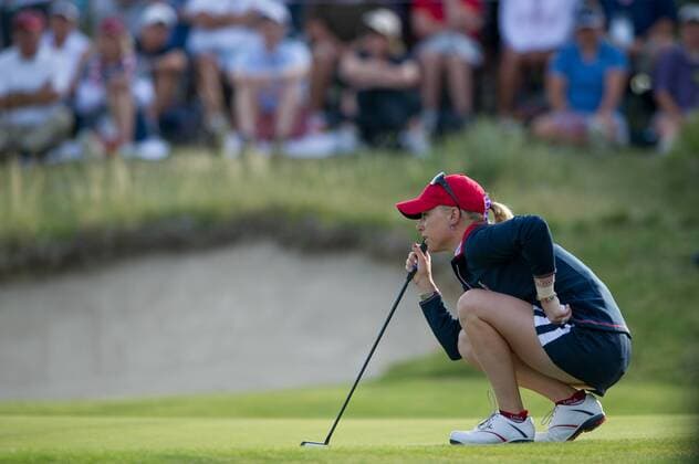 17 AUGUST 2013: Morgan Pressel lines up her putt during the foursome matches on day 2 of The Solheim Cup at the Colorado Golf Club in Parker, Colorado. GOLF: AUG 17 LPGA Golf Damen - The Solheim Cup - Second Round Icon132130816602 EDITORIAL USE ONLY