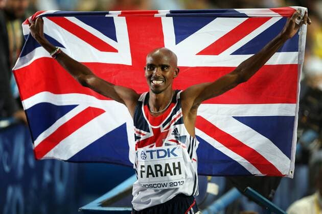 Athletics - IAAF World Championships - Moscow 2013 MOSCOW, RUSSIA - AUGUST 16: Mo Farah of Great Britain wins the 5000m on day seven of the 14th IAAF World Athletics Championships Moscow 2013 at Luzhniki Stadium on August 16, 2013 in Moscow, Russia. (Photo by Ian MacNicol Colorsport)  168926432