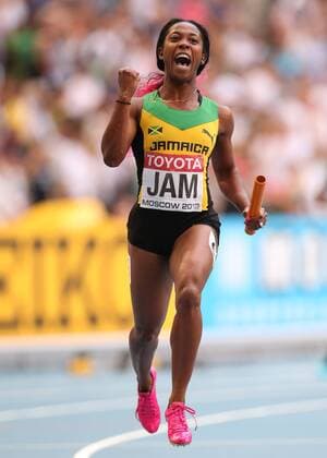 Athletics - IAAF World Championships - Moscow 2013 MOSCOW, RUSSIA - AUGUST 18: Shelly-Ann Fraser Price of Jamaice anchors Jamaica to victory in the 4x100m Relay during day nine of the 14th IAAF World Athletics Championships Moscow 2013 at Luzhniki Stadium on August 18, 2013 in Moscow, Russia. (Photo by Ian MacNicol Colorsport)  168926432