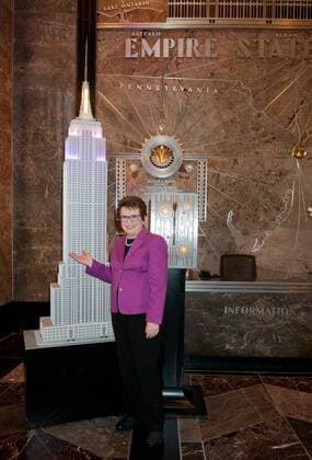Aug. 22, 2013 - Manhattan, New York, U.S. - Women s Tennis Association Founder BILLIE JEAN KING lights the Empire State Building in WTA-pink and purple to commemorate the 40th anniversary of the WTA, Thursday, August 22, 2013. Billie Jean King and Victoria Azarenka Light The Empire State Building to Celebrate 40th Anniversary of WTA - ZUMAb09