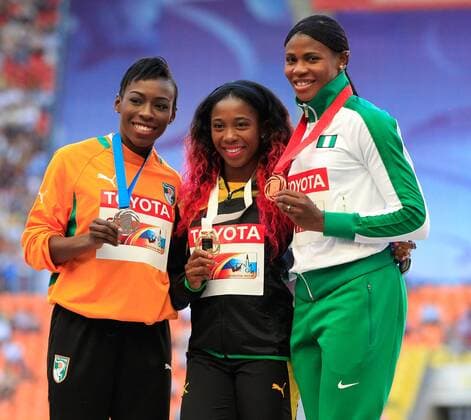 Moskau, Leichtathletik, Athletics, Track and Field, IAAF, Leichtathletik WM Moskau 2013, World Championships moscow,10-18.08-2013, Big Sports Arena, Luzhniki, Moskau, Murielle Ahoure,Shelly Ann Fraser-Pryce, Blessing Okagbare , 200m Frauen, Siegerehrung,