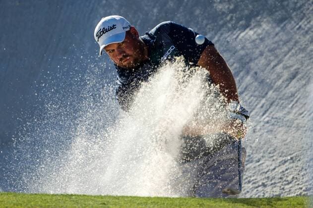 August 24, 2013: Brendon de Jonge hits out of the bunker on 18 during third round of The Barclays at Liberty National Golf Club in Jersey City, NJ. GOLF: AUG 24 PGA Golf Herren - The Barclays - Third Round Icon130824077 EDITORIAL USE ONLY