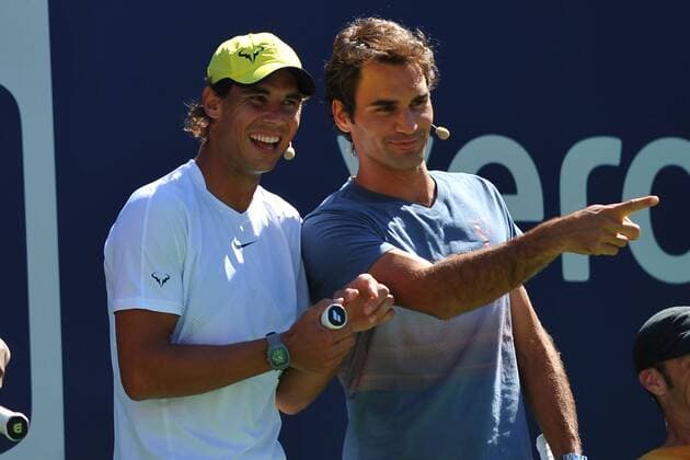 Roger Federer (Sui) and Rafael Nadal (Esp) TENNIS : US Open 2013 - Kids day - 24 08 2013 TennisMagazine Panoramic 