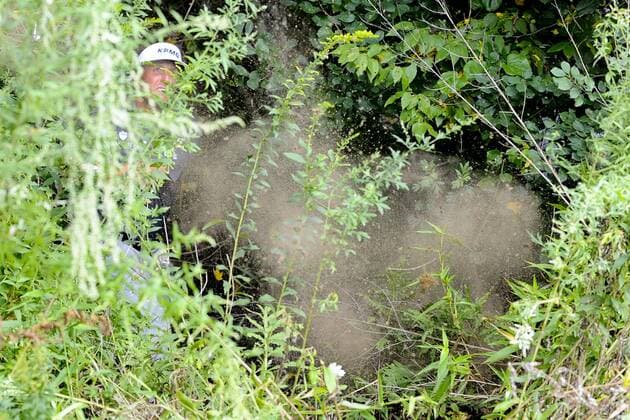 Aug. 30, 2013 - Norton, Massachusetts, USA - August 30, 2013 - Norton, Massachusetts, U.S. - Phil Mickelson watches his ball from deep in a wooded ditch onto the 9th fairway during the first round of the Deutsche Bank Championship, FedEx Cup playoffs held at the Tournament Players Club in Norton Massachusetts. Mickelson finished the day 8 under with a 63. Eric Canha CSM PGA Golf Herren 2013: Deutsche Bank Championship Round 1 AUG 30 - ZUMAc04