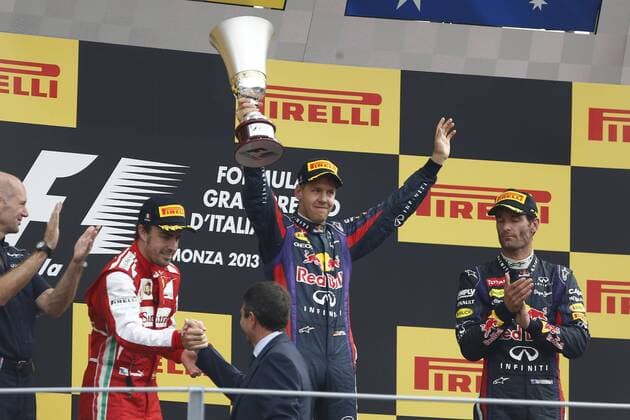 Motorsports: FIA Formula One World Championship 2013, Grand Prix of Italy, 3 Fernando Alonso (ESP, Scuderia Ferrari), 1 Sebastian Vettel (GER, Infiniti Red Bull Racing), 2 Mark Webber (AUS, Infiniti Red Bull Racing), xHOCHxZWEIx